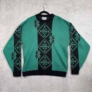 Vtg Le Tigre Green Mens L Crewneck Knit Sweater Tribal Southwestern Geometric